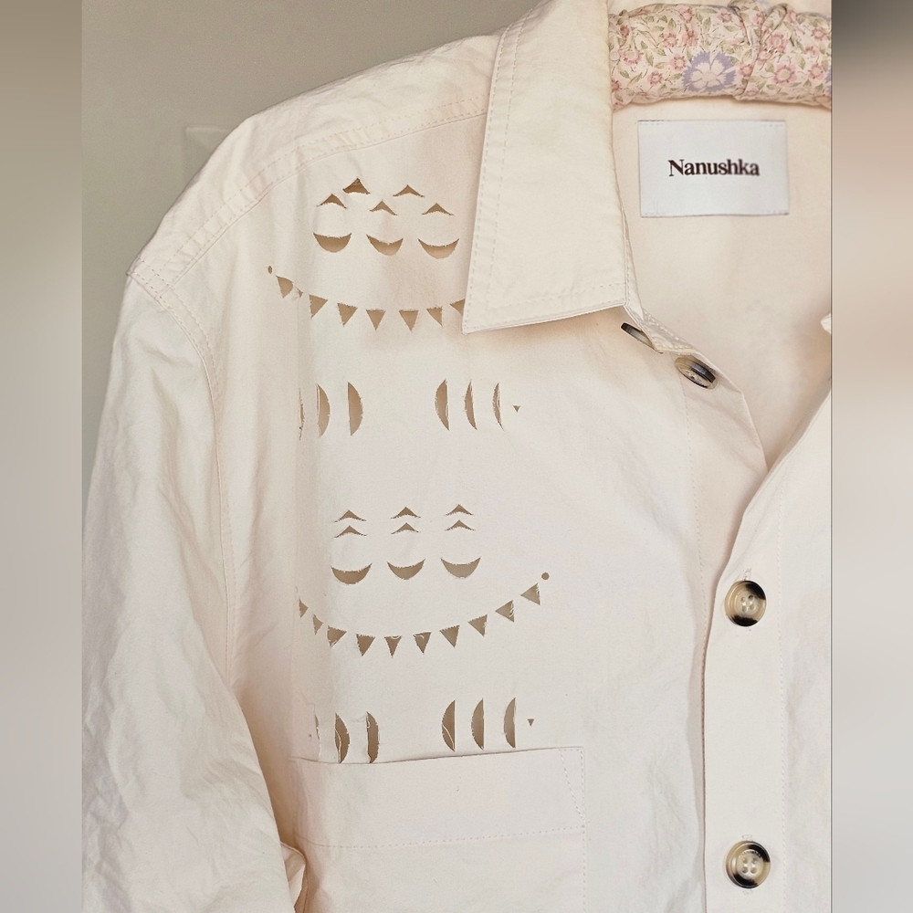 Nanushka Creme Heavy Poplin Laser Cut Button-Up Shirt - Picture 2 of 9
